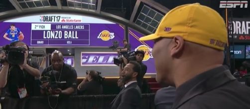 LaVar Ball watches as his son is announced as No. 2 pick by the Lakers in Thursday's 2017 NBA Draft. [Image via NBA/YouTube]