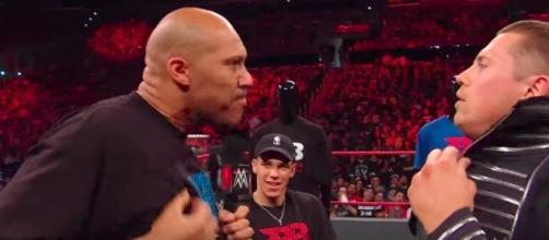 Lakers draft pick Lonzo Ball watches his dad confront The Miz during the June 26th 'Raw' in Los Angeles. [Image via WWE/YouTube]