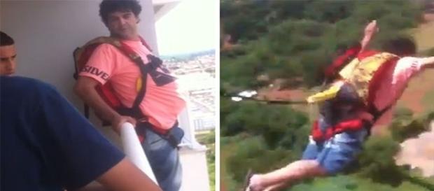 Homem salta de paraquedas da sacada do apartamento Homem salta de paraquedas da sacada do apartamento