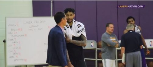 Brandon Ingram alongside Lakers GM Rob Pelinka during a practice session. Photo - YouTube Screenshot/@Lakers Nation