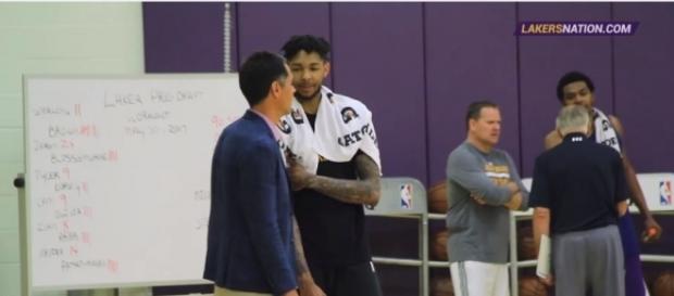 Brandon Ingram alongside Lakers GM Rob Pelinka during a practice session. Photo - YouTube Screenshot/@Lakers Nation Brandon Ingram alongside Lakers GM Rob Pelinka during a practice session. Photo - YouTube Screenshot/@Lakers Nation
