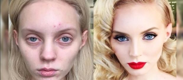 Modelo mostrando o antes e depois de ser maquiada Modelo mostrando o antes e depois de ser maquiada