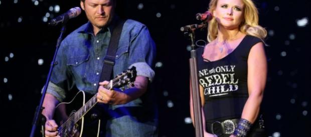 Miranda Lambert with ex-husband Blake Shelton on stage Miranda Lambert with ex-husband Blake Shelton on stage