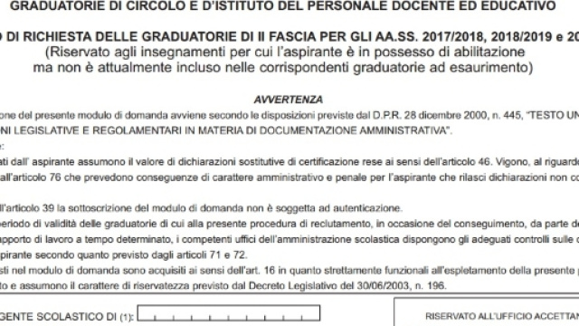 Scuola, modelli da usare per l'iscrizione o l'aggiornamento delle gradautorie istituto.