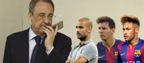 Florentino Pérez con Messi, Neymar y Guardiola