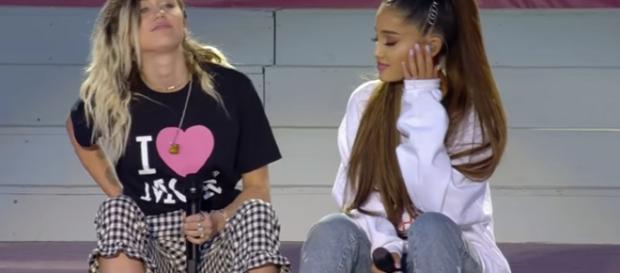 Miley Cyrus and Ariana Grande - Don't Dream It's Over (One Love Manchester) / Screencap from BBC Yotube Miley Cyrus and Ariana Grande - Don't Dream It's Over (One Love Manchester) / Screencap from BBC Yotube