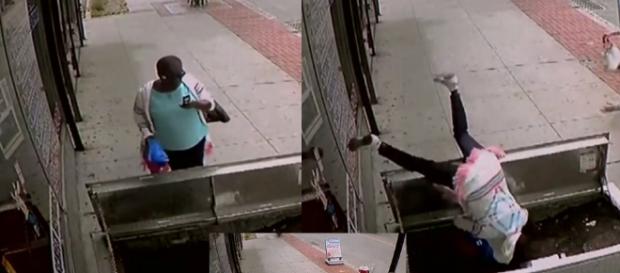 Mulher distraída com o celular acabou caindo em adega e se machucando Mulher distraída com o celular acabou caindo em adega e se machucando