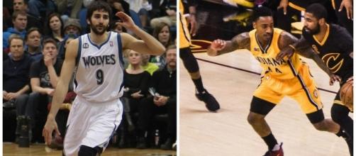 Ricky Rubio (right) leaves Minnesota and Jeff Teague (on left in left photo) joins Minnesota (both pictures via Wikimedia Commons)
