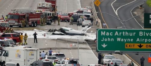 Photo Cessna 310 crashes on major California freeway screen capture from YouTube/Wochit News