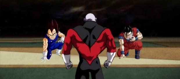 Combate entre Jiren, Vegeta y Gohan en DBS Combate entre Jiren, Vegeta y Gohan en DBS