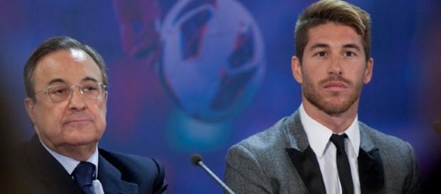 Sergio Ramos y Florentino Pérez, durante una rueda de prensa Sergio Ramos y Florentino Pérez, durante una rueda de prensa