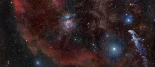 Orion constellation showing the surrounding nebulas of the Orion Molecular Cloud complex by Rogelio Bernal Andreo via Wikimedia Commons