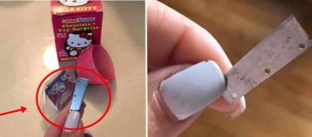Por sorte a mãe encontrou a lâmina que estava dentro do chocolate, antes que a criança se ferisse Por sorte a mãe encontrou a lâmina que estava dentro do chocolate, antes que a criança se ferisse