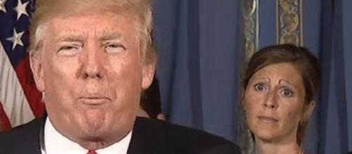 Woman's bizarre eyebrows takes over focus of Trump's speech. Photo: YouTube Screenshot