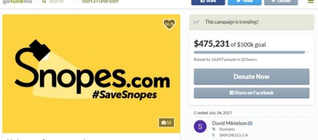 Photo Snopes.com GoFundMe campaign screen capture from GoFundMe Photo Snopes.com GoFundMe campaign screen capture from GoFundMe