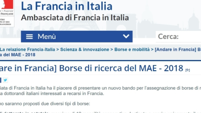 Ambasciata Francia in Italia, selezione borse di ricerca