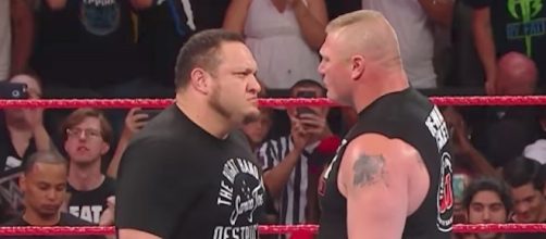 Samoa Joe and Brock Lesnar battled for the Universal Championship at Saturday's final WWE show in Joe Louis Arena. [Image via WWE/YouTube]