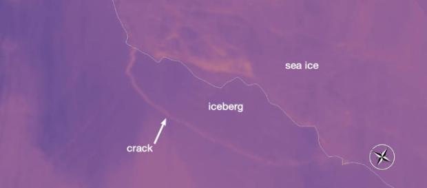 Imagem obtida através do satélite Aqua, mostrando a rachadura e a dimensão do Iceberg. ( Foto: Reprodução/Nasa) Imagem obtida através do satélite Aqua, mostrando a rachadura e a dimensão do Iceberg. ( Foto: Reprodução/Nasa)