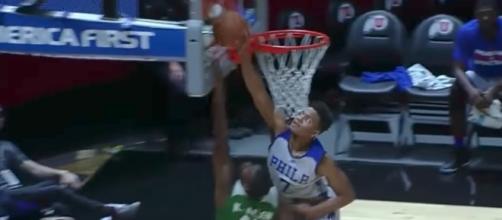 The Sixers' Markelle Fultz blocks a shot by the Celtics' Kadeem Allen during NBA Summer League in Utah on Monday night. [Image via NBA/YouTube]