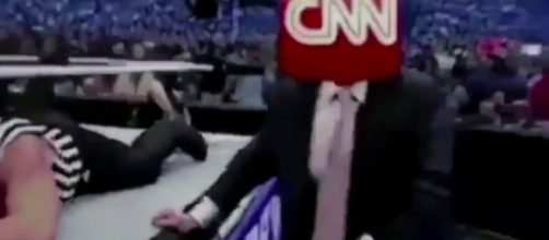 Trump's fake wrestling video which showed the billionaire slam CNN. Photo via Mitchell Wiggs, YouTube.