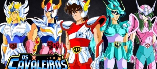 Da esquerda para a direita: Hyoga, Ikki, Seiya, Shiryu e Shun, os cavaleiros de bronze Da esquerda para a direita: Hyoga, Ikki, Seiya, Shiryu e Shun, os cavaleiros de bronze