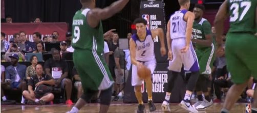 Lonzo Ball dribbles the ball against the Boston Celtics. Photo -- YouTube Screenshot/@NBA