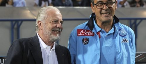 Il presidente del Napoli Aurelio De Laurentiis con l'allenatore azzurro Maurizio Sarri