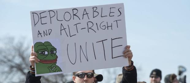 Exemplo de manifestante do alt-right usando memes em protesto Exemplo de manifestante do alt-right usando memes em protesto