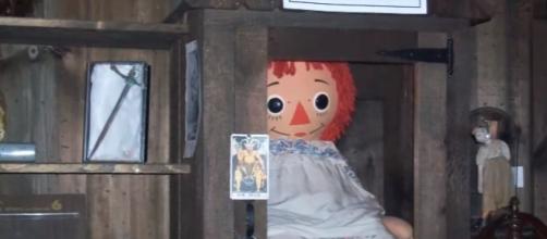 The real Annabelle doll is kept at the Warren’s Occult Museum in Connecticut/Photo via Something Dark and Scary, YouTube