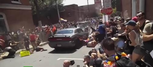 James Fields Jr. drives Dodge Challenger vehicle into a crowd of counter-protest demonstrators in Charlottesville, Va. [Image: YouTube/RT]