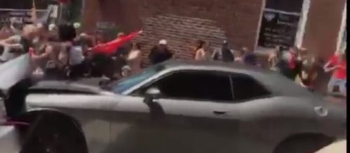 The gray Dodge Challenger that plowed into a counter-protest crowd in Charlottesville last Saturday. / from 'YouTube' screen grab