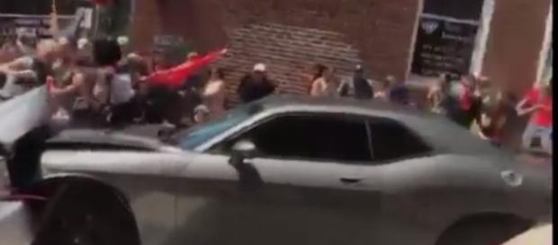 The gray Dodge Challenger that plowed into a counter-protest crowd in Charlottesville last Saturday. / from 'YouTube' screen grab The gray Dodge Challenger that plowed into a counter-protest crowd in Charlottesville last Saturday. / from 'YouTube' screen grab