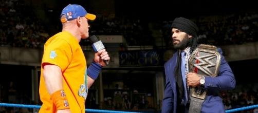 John Cena goes one-on-one with Jinder Mahal on Tuesday night's WWE 'SmackDown Live.' [Image via WWE/YouTube]