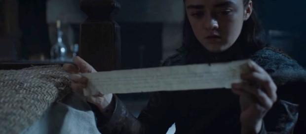 Arya reading Sansa's letter. Screencap: Davos Seaworth via YouTube Arya reading Sansa's letter. Screencap: Davos Seaworth via YouTube