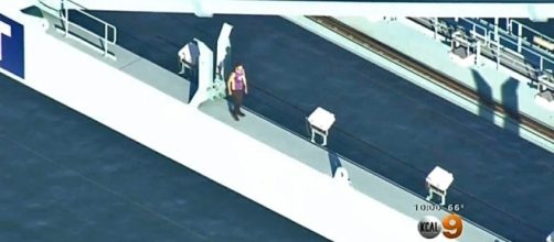 After a high-speed chase a man climbed a crane in the Port of Los Angeles and eventually fell to his death [Image: YouTube/CBS Los Angeles]