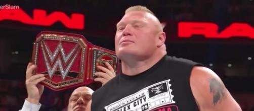 Brock Lesnar puts his WWE Universal Championship on the line in a Fatal 4-Way at Sunday's 'SummerSlam' PPV. [Image via WWE/YouTube]