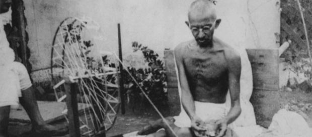 Gandhi spinning (Public domain wikimedia commons) Gandhi spinning (Public domain wikimedia commons)