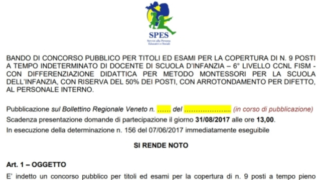 Bando concorso docenti scuola infanzia, scadenza 31/08