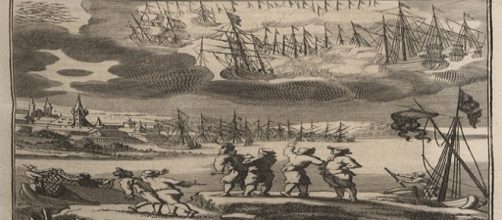Grabado de 1680 que acompaña la descripción de Erasmus Francisci sobre la batalla celeste entre barcos acaecida en 1665