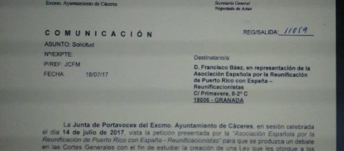 Acta oficial de la Junta de Cáceres, aprobando la petición de Reunificacionstas.org