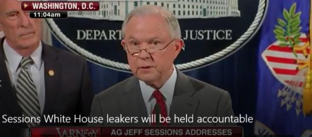 U.S. AG Jeff Sessions announces crack down on White House leakers. (Photo by Fox Bus. News - YouTube snip) U.S. AG Jeff Sessions announces crack down on White House leakers. (Photo by Fox Bus. News - YouTube snip)