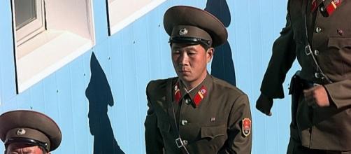 North Korean soldiers are marching (credit - James Mossman – wikimediacommons)