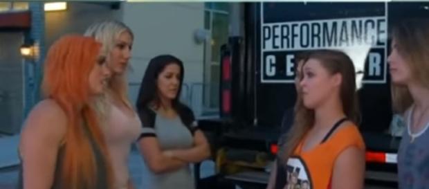 Charlotte four horsewomen vs Rousey four horsewomen - WWE Youtube/ Youtube screngrab Charlotte four horsewomen vs Rousey four horsewomen - WWE Youtube/ Youtube screngrab