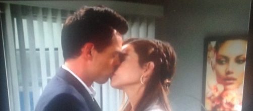 Billy and Victoria kiss. Cheryl E Preston CBS television screenshot.