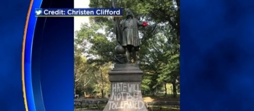 A statue of Christopher Columbus in Central Park was vandalized on Monday night [Image: YouTube/CBS New York]