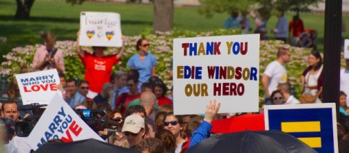 A congregation of people promoting same-sex marriage gives a shout out to Edith Windsor.
