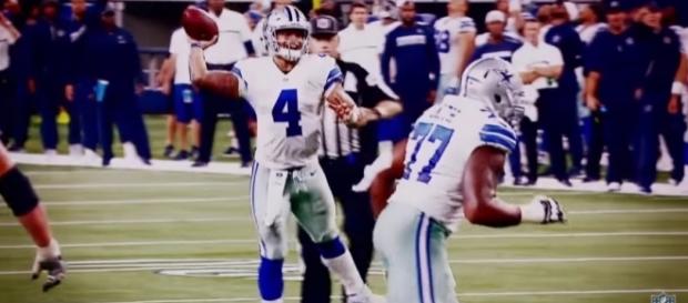 Dallas Cowboys quarterback Dak Prescott throwing a pass. Image Credit: YouTube Screenshot -- @NFL Dallas Cowboys quarterback Dak Prescott throwing a pass. Image Credit: YouTube Screenshot -- @NFL
