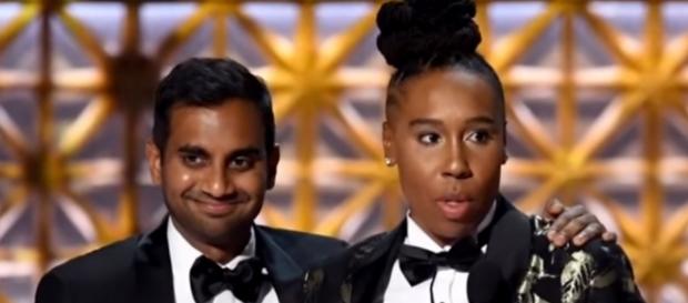 Aziz Ansari and Lena Waithe winning Outstanding Comedy Writing at Emmys 2017, (YouTube/ET) Aziz Ansari and Lena Waithe winning Outstanding Comedy Writing at Emmys 2017, (YouTube/ET)