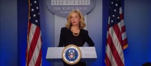 Calista Flockhart's Cat Grant on 'Supergirl' is at the White House. ~ The CW Television Network/YouTube