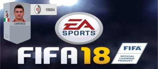 Il logo di FIFA 18, la carta di Camporese e lo stemma impostato per il Foggia.